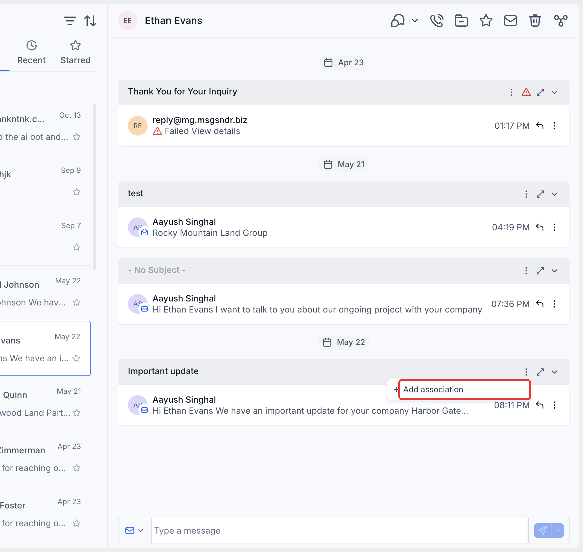 Step 6: For an existing email, open the three-dot menu on the email's header and choose Add association.