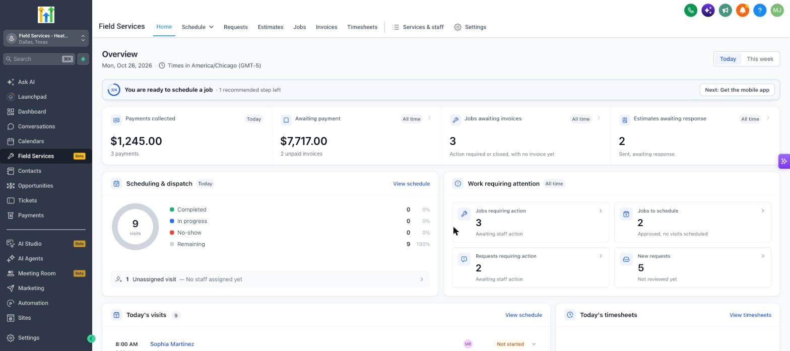 Field Services Home page showing payments, scheduling progress and work requiring attention