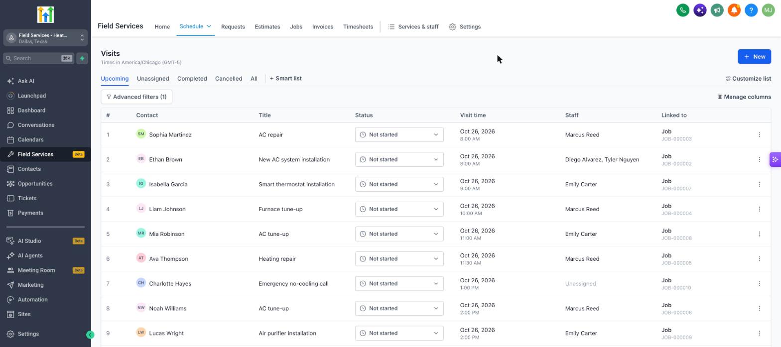 Schedule list view with tabs