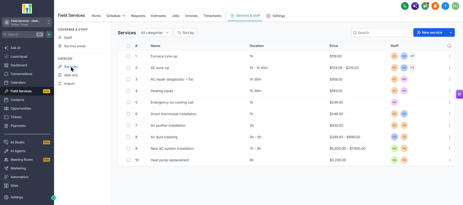 Services list with duration, price and assigned staff