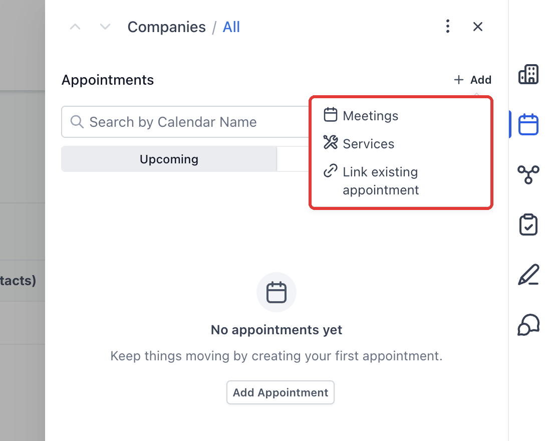 Step 2: Click Add, then choose Meetings, Services, or Link existing appointment.