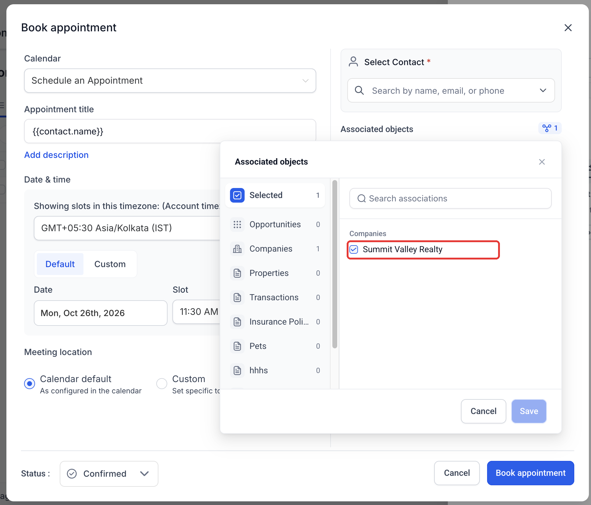 Step 4: Open Associated objects to review the linked records. The current Company is preselected.