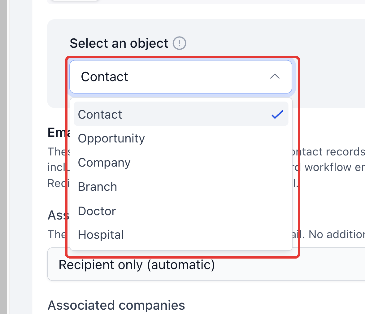 Select an object dropdown showing the available originating CRM objects