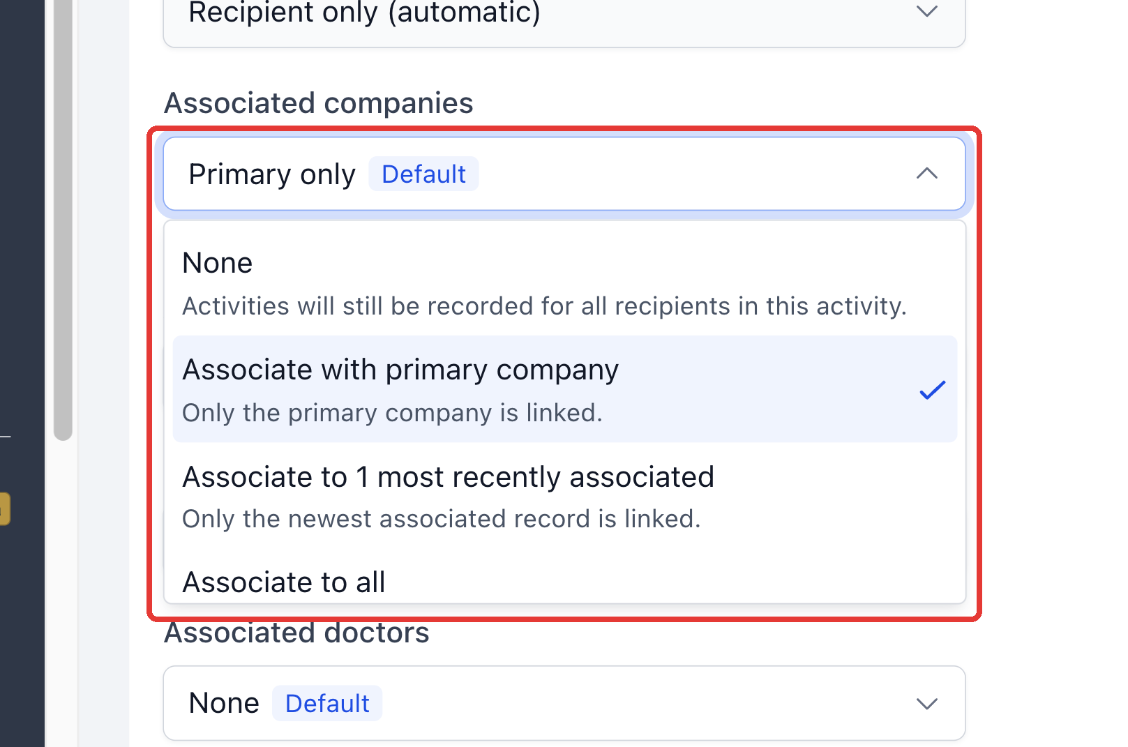 Association rule dropdown showing available selection rules