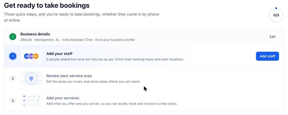 The Get ready to take bookings checklist on the Field Services welcome page