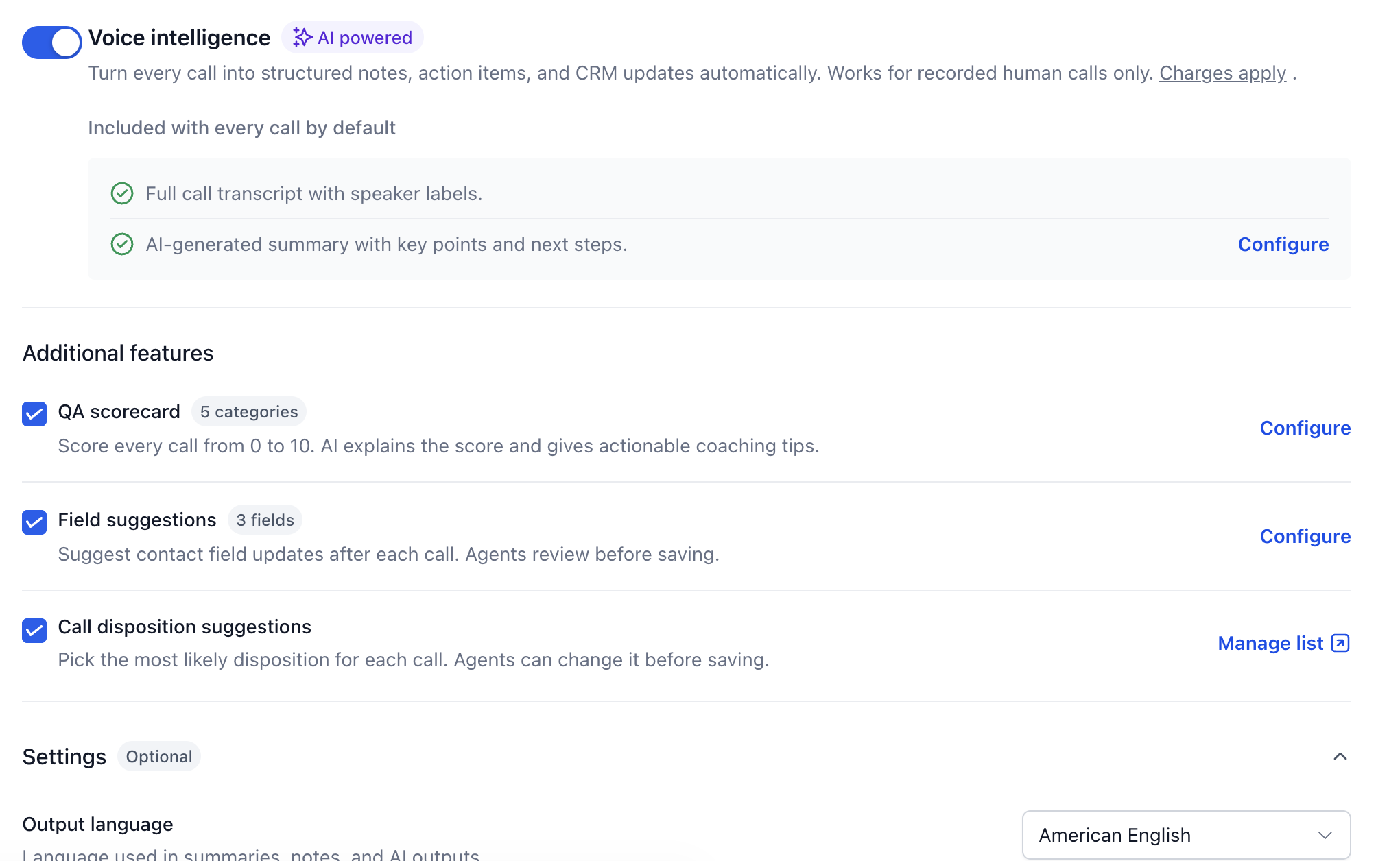 Voice Intelligence settings with the main switch and Additional features checkboxes