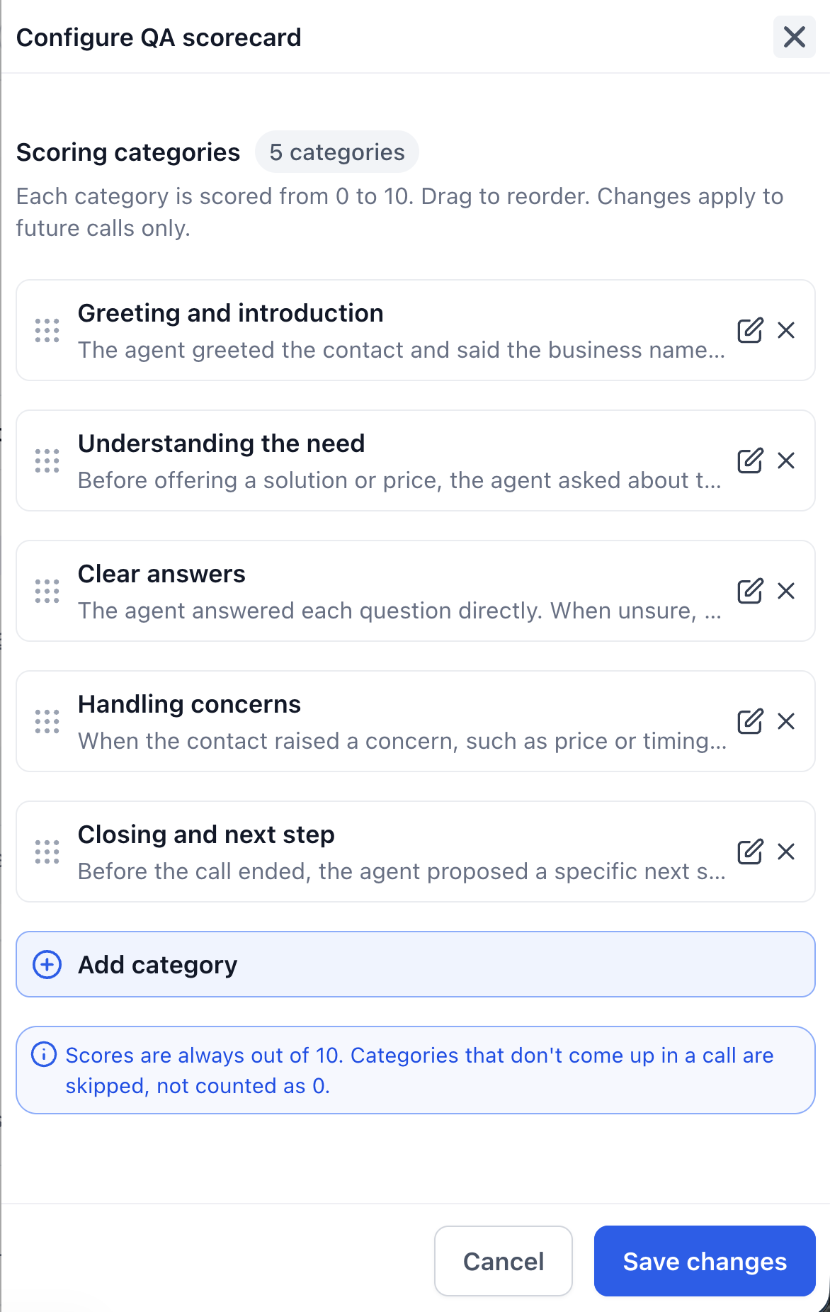 QA scorecard configuration showing the default categories