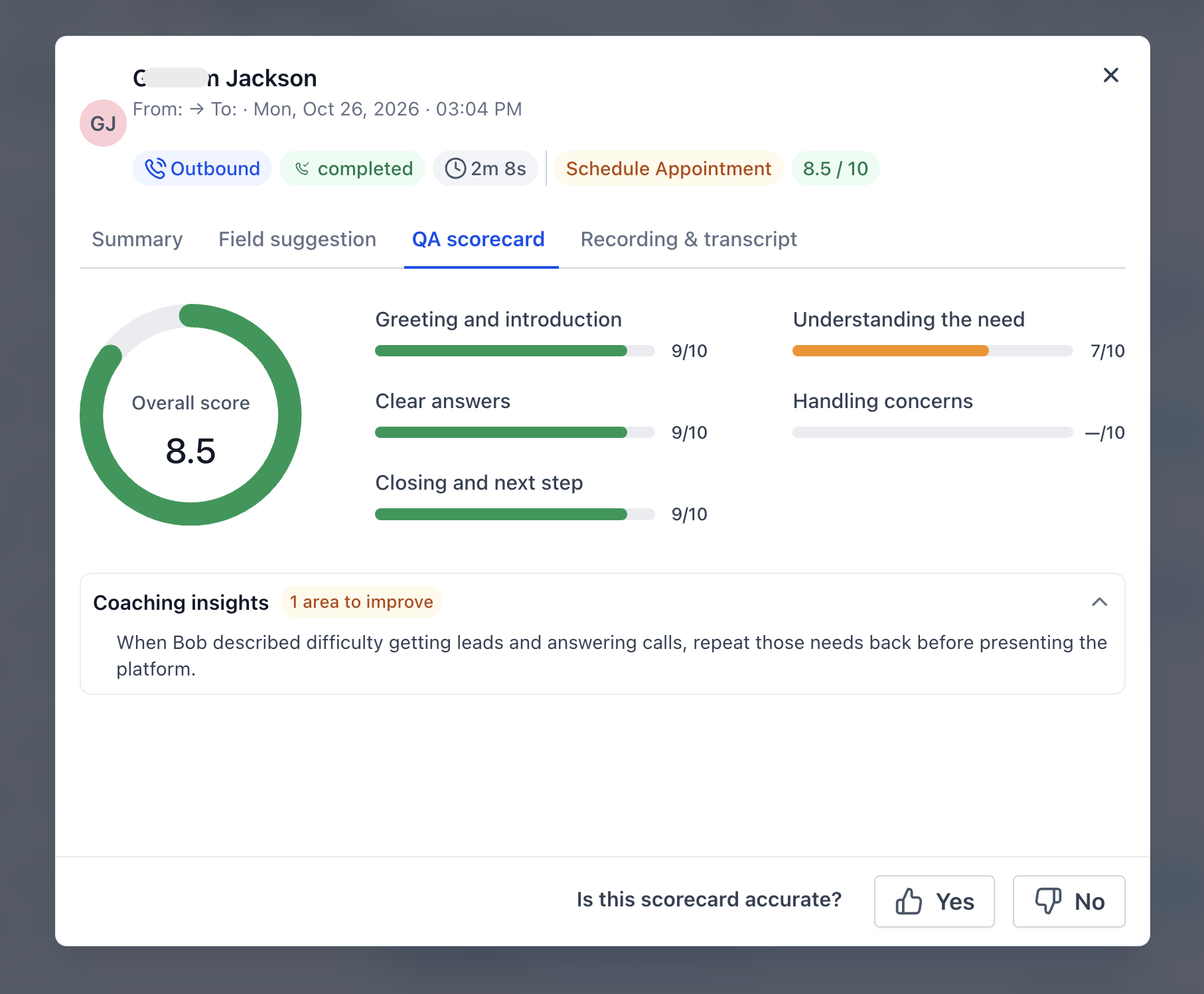 QA scorecard tab with category scores