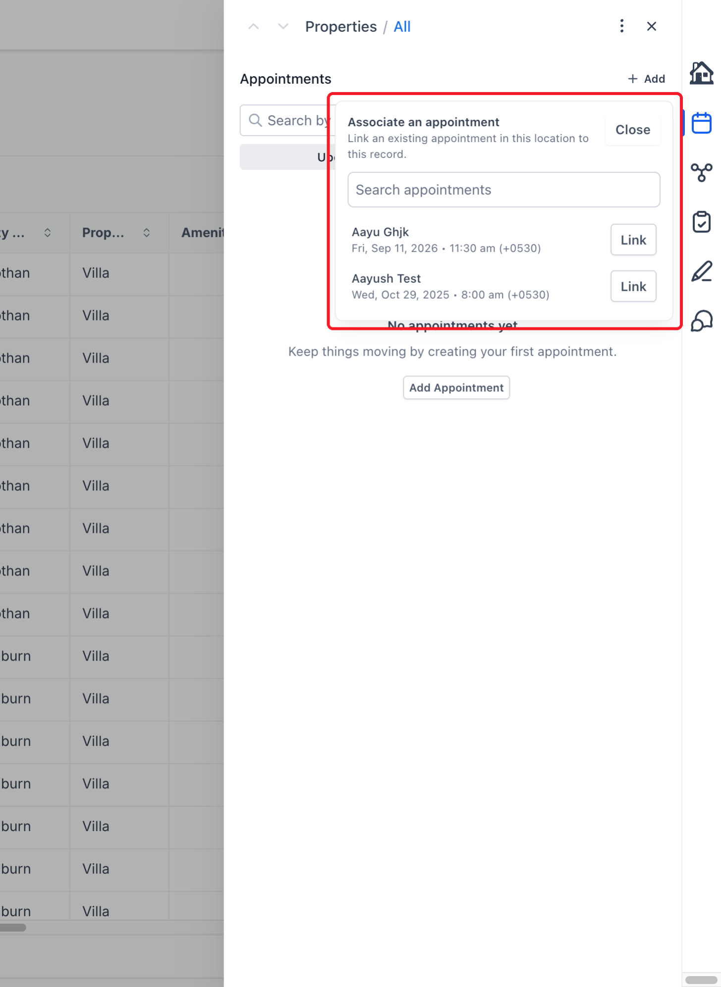 Link existing appointment screen showing appointment search and the Link action