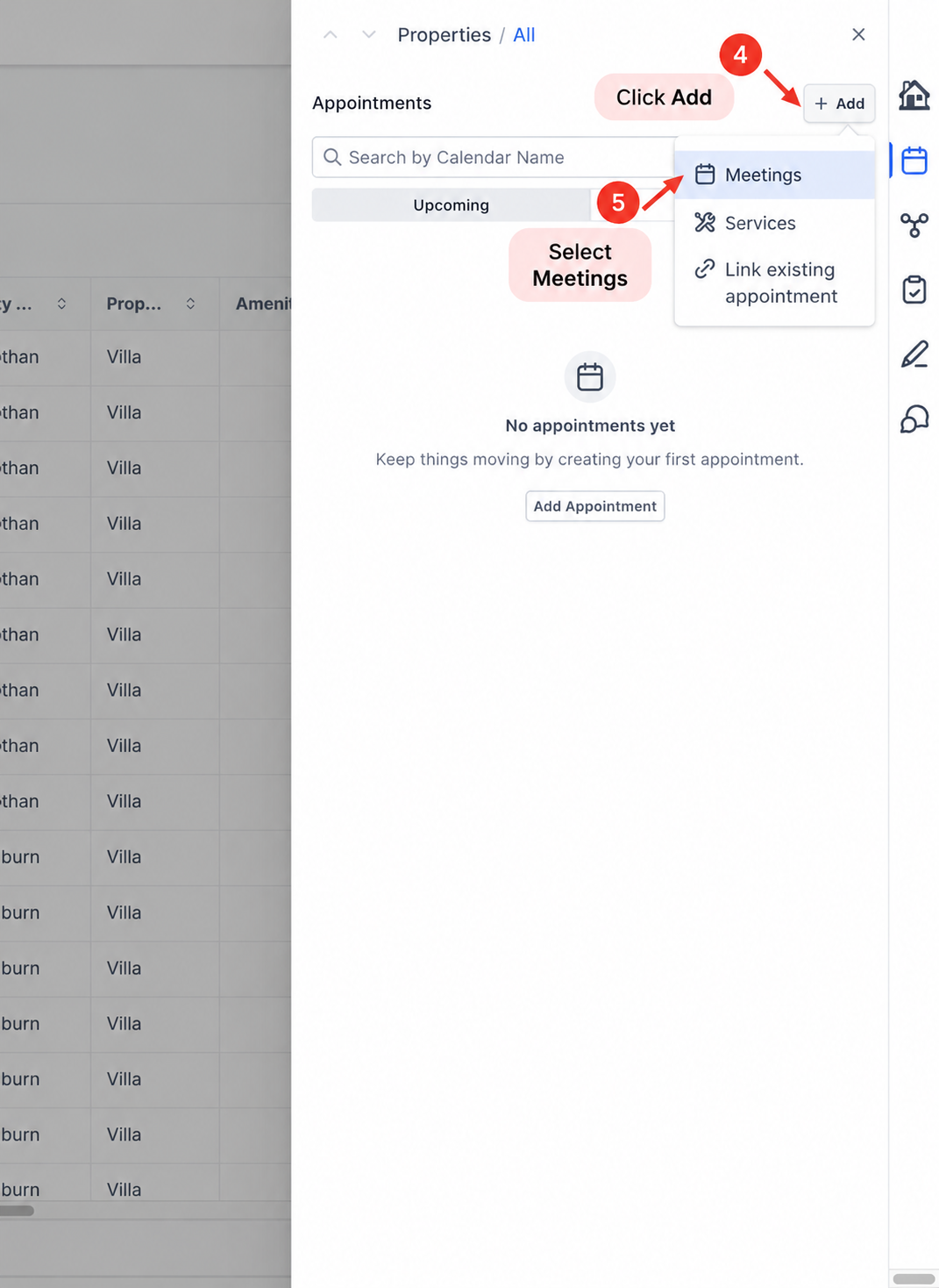 Appointments Add menu showing the available booking options