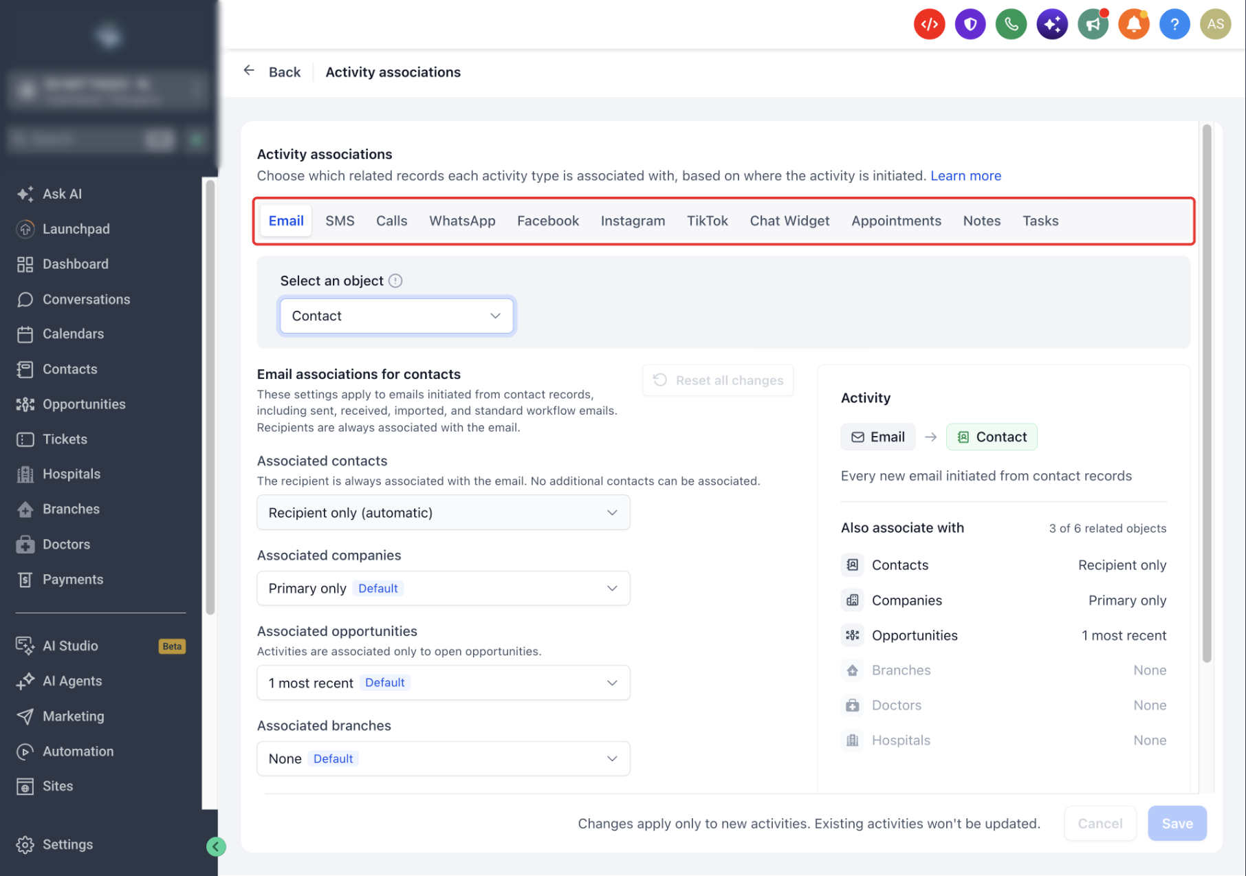 Activity associations page showing the activity-type tabs