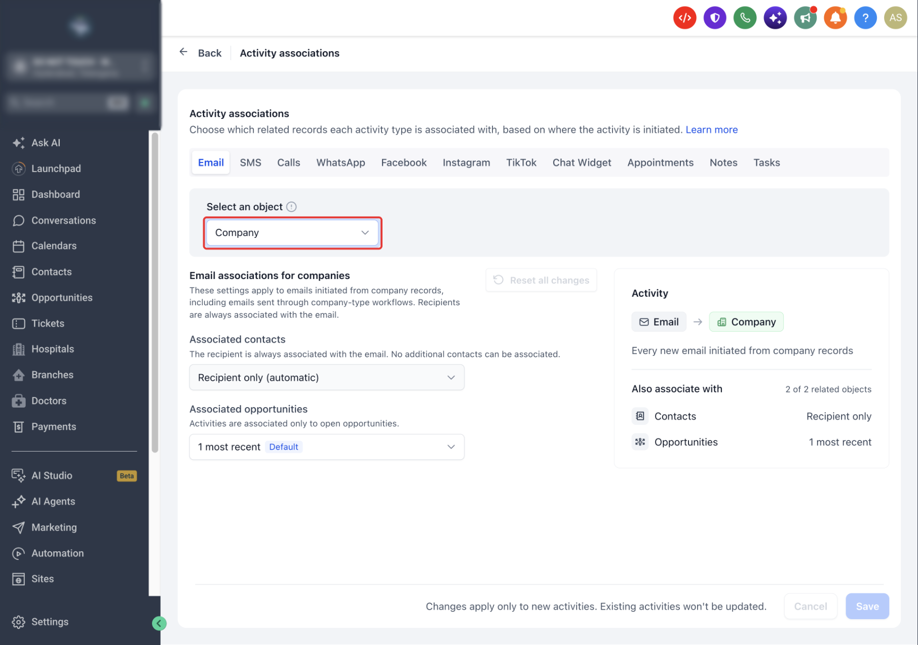 Email activity configuration with Company selected as the originating object