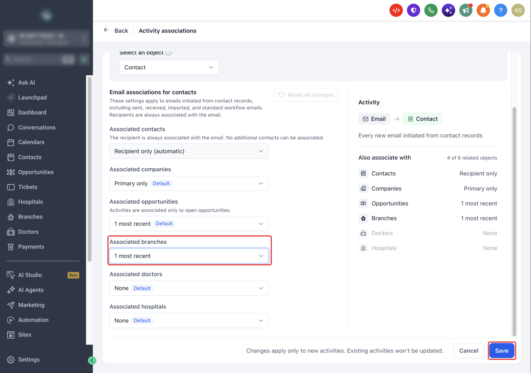 Changed activity association rule and the active Save button