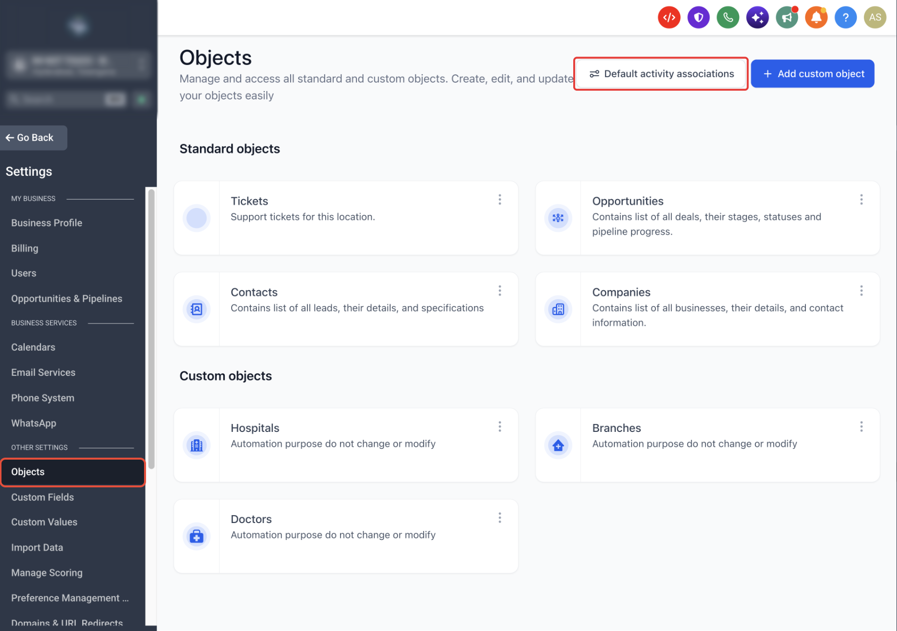 Settings and Objects page showing the Default activity associations button