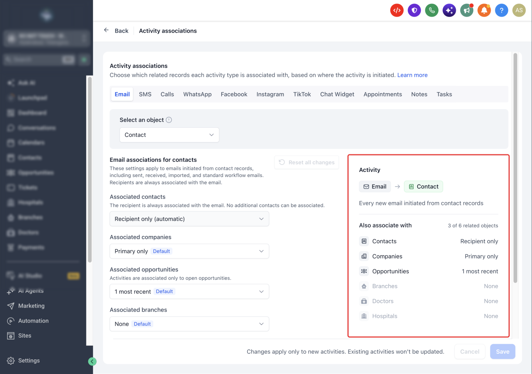 Activity panel preview displaying the resulting record associations