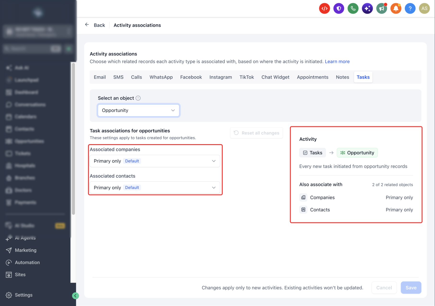 Default Task associations for an Opportunity showing primary Company and primary Contact