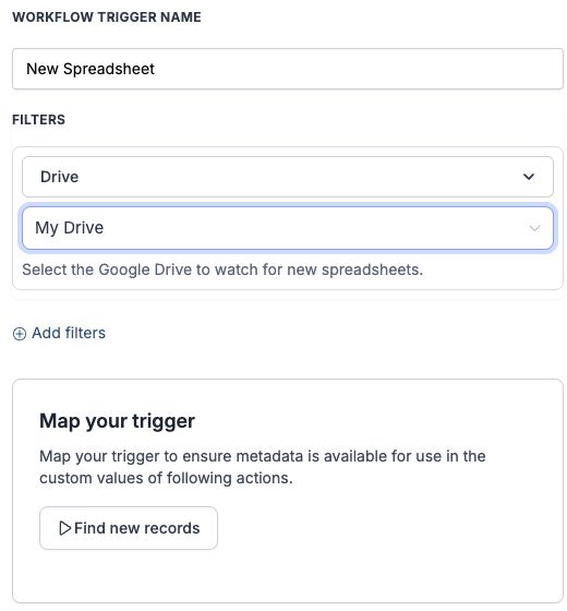 New Spreadsheet trigger setup with My Drive selected and Find new records available