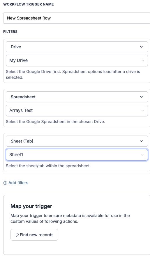 New Spreadsheet Row trigger setup showing Drive, Spreadsheet, Sheet (Tab), and Find new records