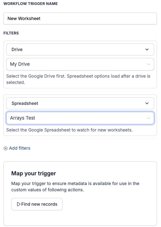 New Worksheet trigger setup with My Drive and a sample parent spreadsheet selected