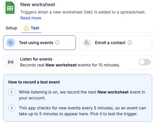 Trigger Test tab showing Test using events, Listen for events for 15 minutes, and five-minute polling guidance