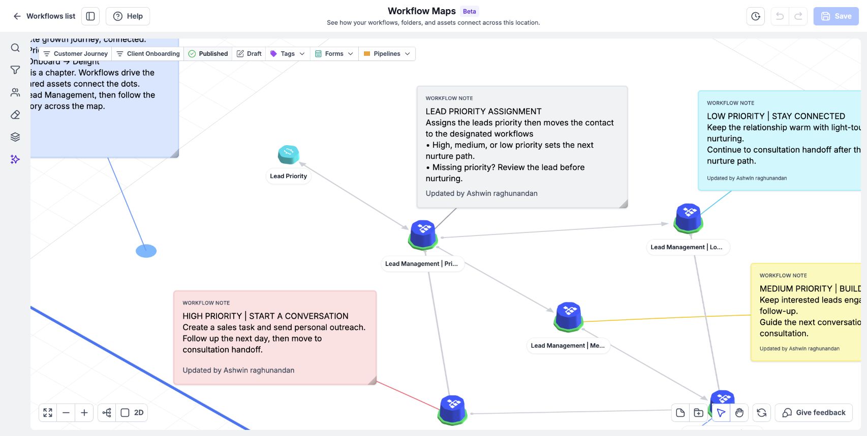 Notes explain the automation and can be connected to the workflow they describe.