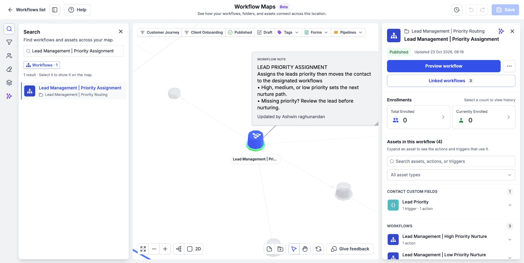 Select a workflow with direct workflow links, then click Linked workflows in its details panel.