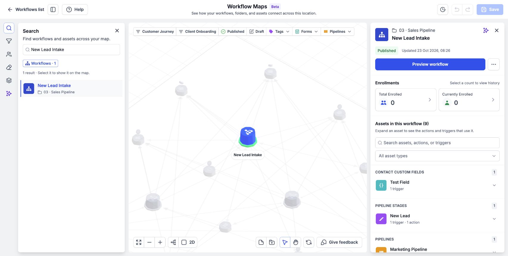 Select a workflow to see its status, enrollments, and connected assets.