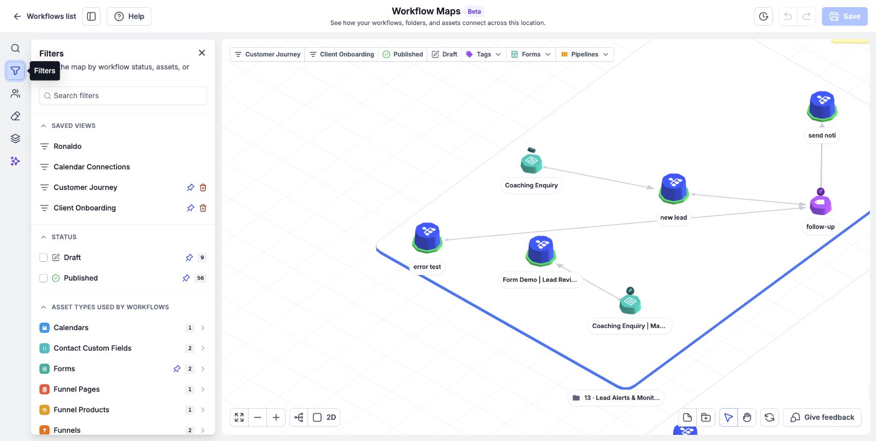 Use the Filters panel to narrow the map by workflow status, asset type, or folder.