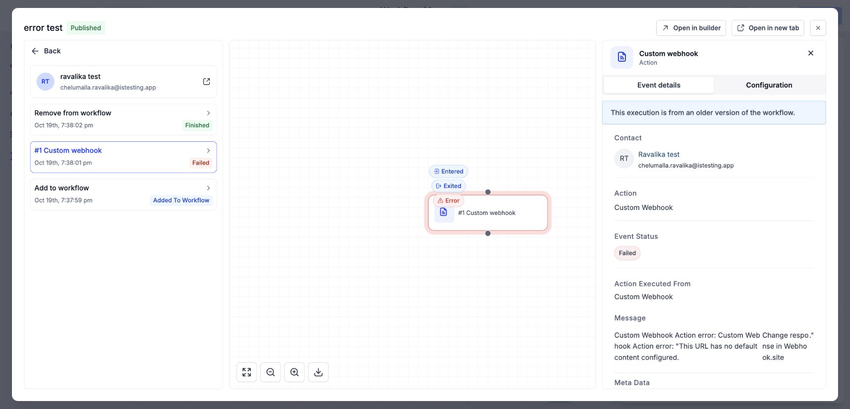 Historical execution details identify the failed action, its status, and the error message.