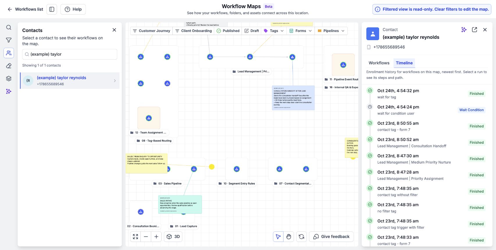 The Timeline tab shows the sample contact’s workflow history and execution statuses in order.