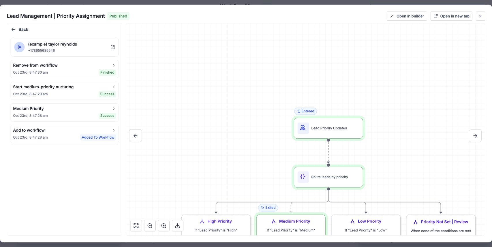 Select an execution to inspect the contact’s completed steps and highlighted path in the workflow preview.