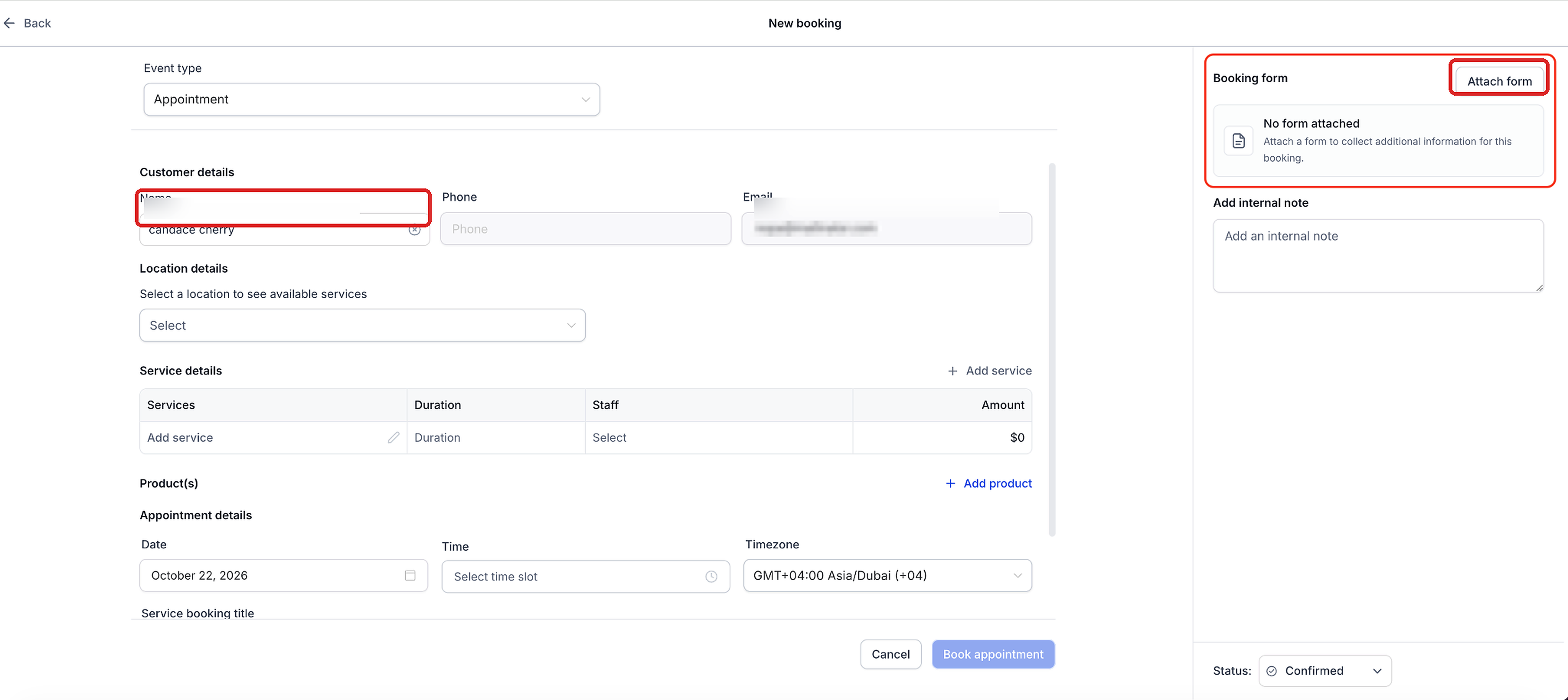 Service New booking screen showing the Booking form section and Attach form button