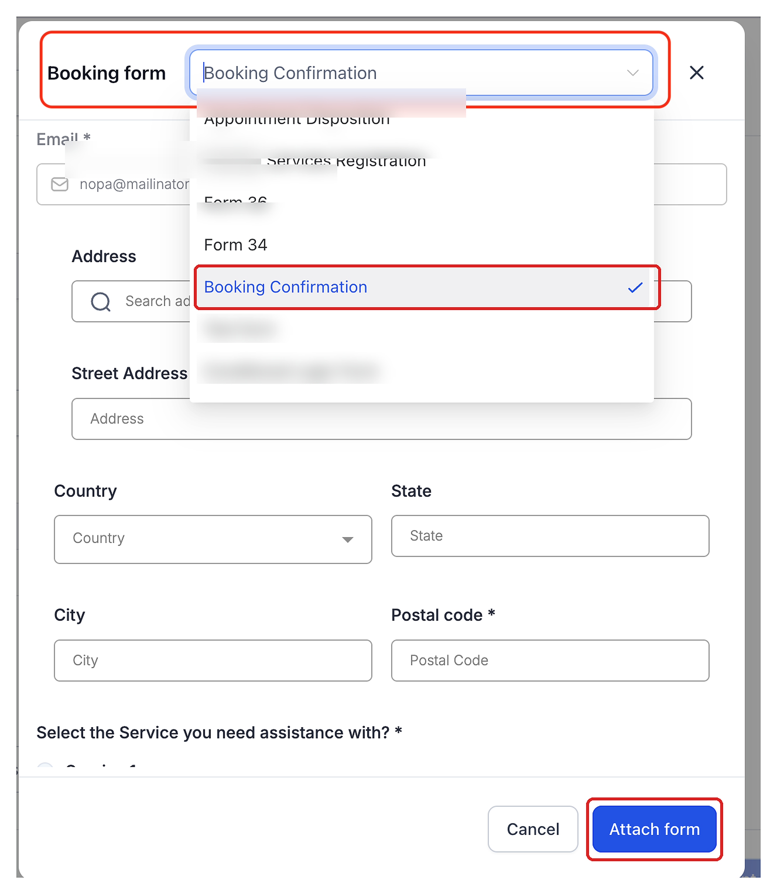 Service booking screen showing the attached form in the Booking form section