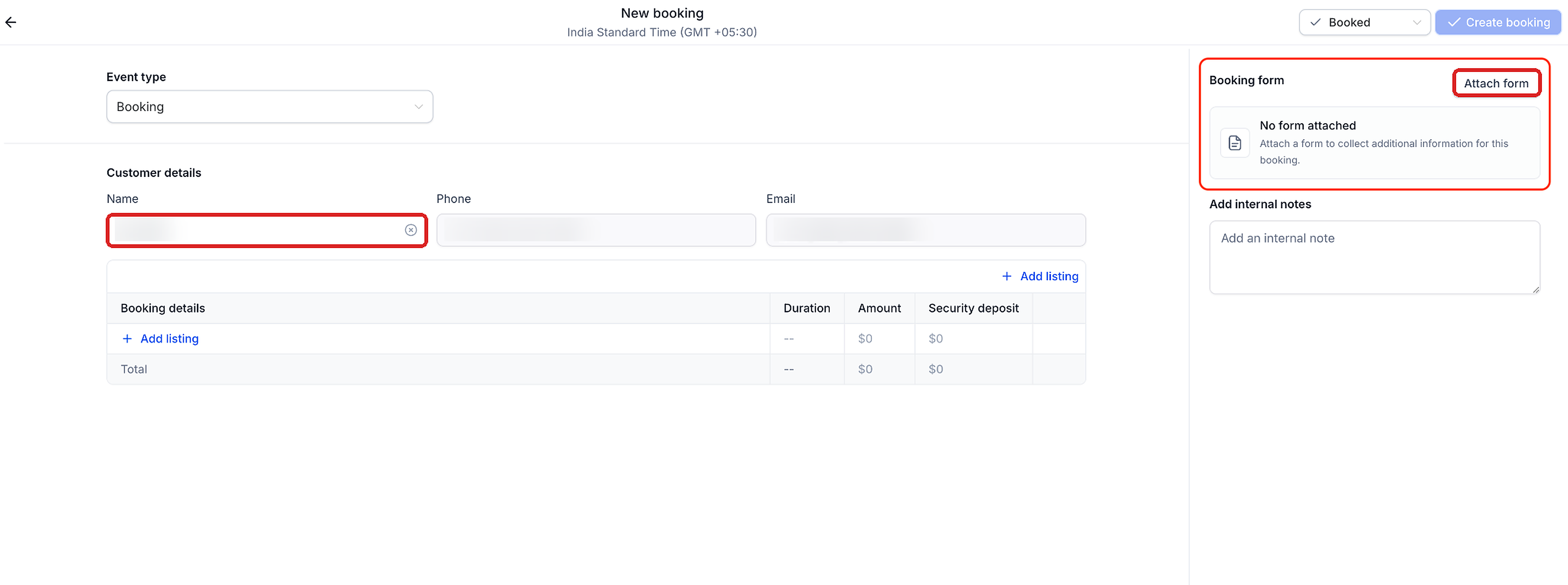 Rental New booking screen showing the Booking form section and Attach form button
