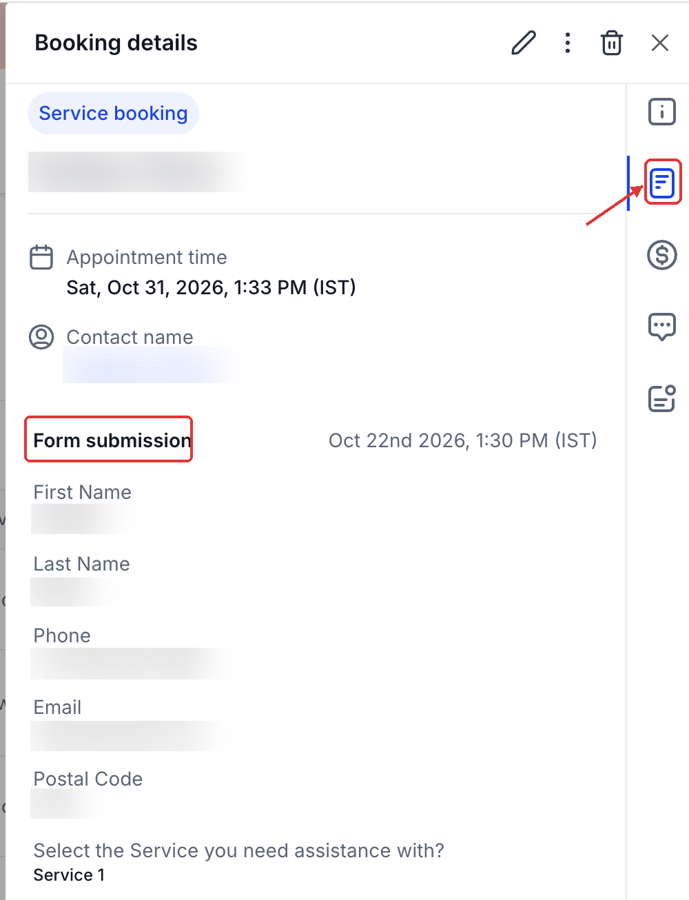 Service Booking Details displaying the attached form submission and customer responses