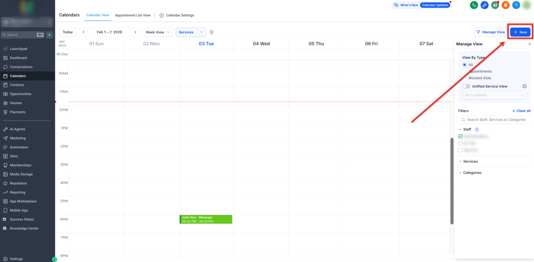 New Booking action for creating a blocked slot