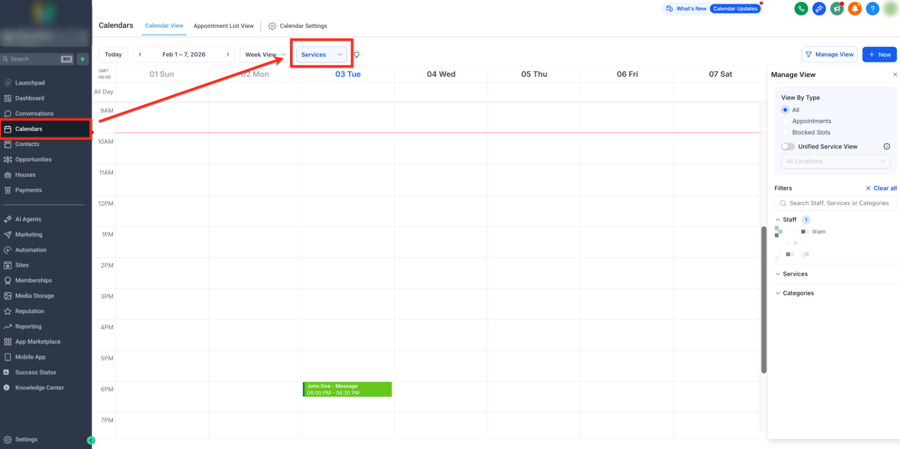 Calendars menu showing how to open Calendar View for Service appointments