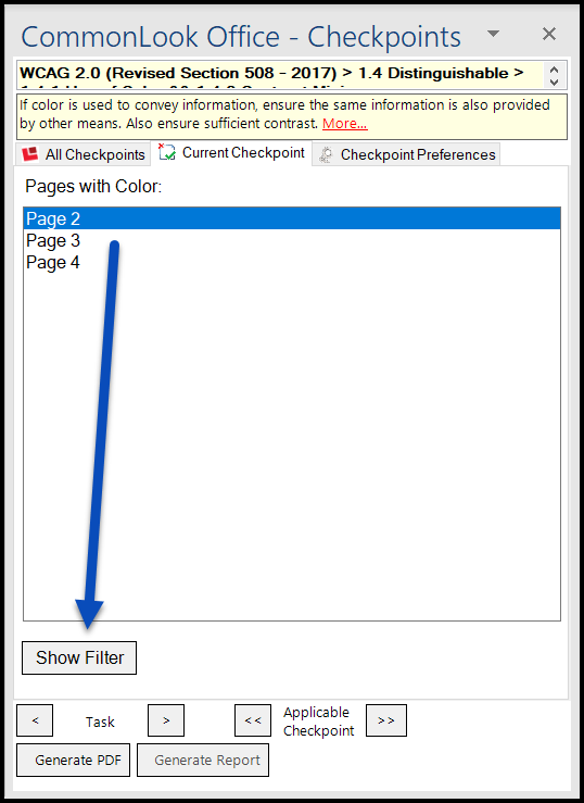 The CommonLook Panel on the color checkpoint.  The pages that include color are listed and the "Show Filter" button is highlighted.  