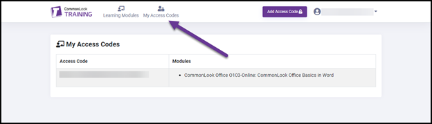 The "My Access  Codes" button is highlighted, at the top of the Training portal. 