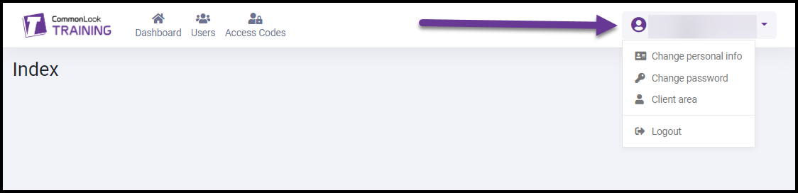The User Name and drop-down menu at the top right of the CommonLook Training portal. 