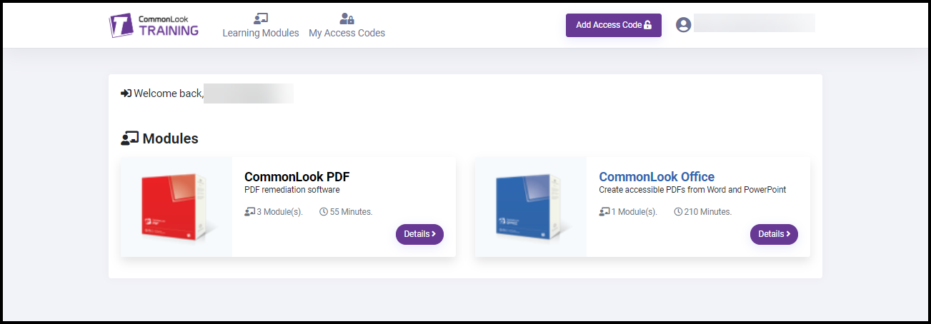 The dashboard screen in the CommonLook Training portal. 