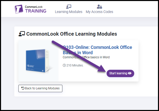 The Start Learning button is highlighted on the page for CommonLook Office. 