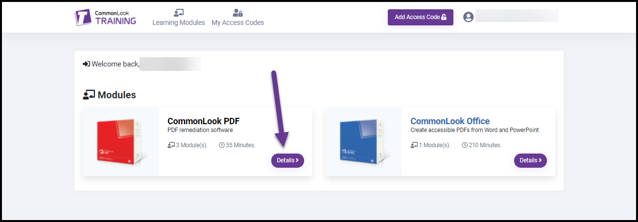 The dashboard screen in the CommonLook Training portal.  The "Details" button is highlighted, next to CommonLook PDF. 