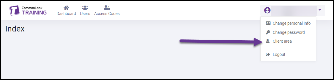 The Client Area option is highlighted in the drop-down menu. 