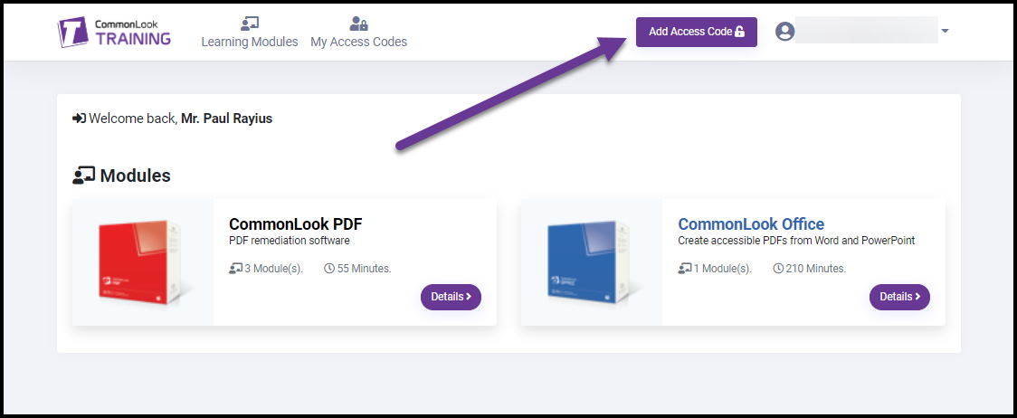 The Add Access Code button is highlighted. 