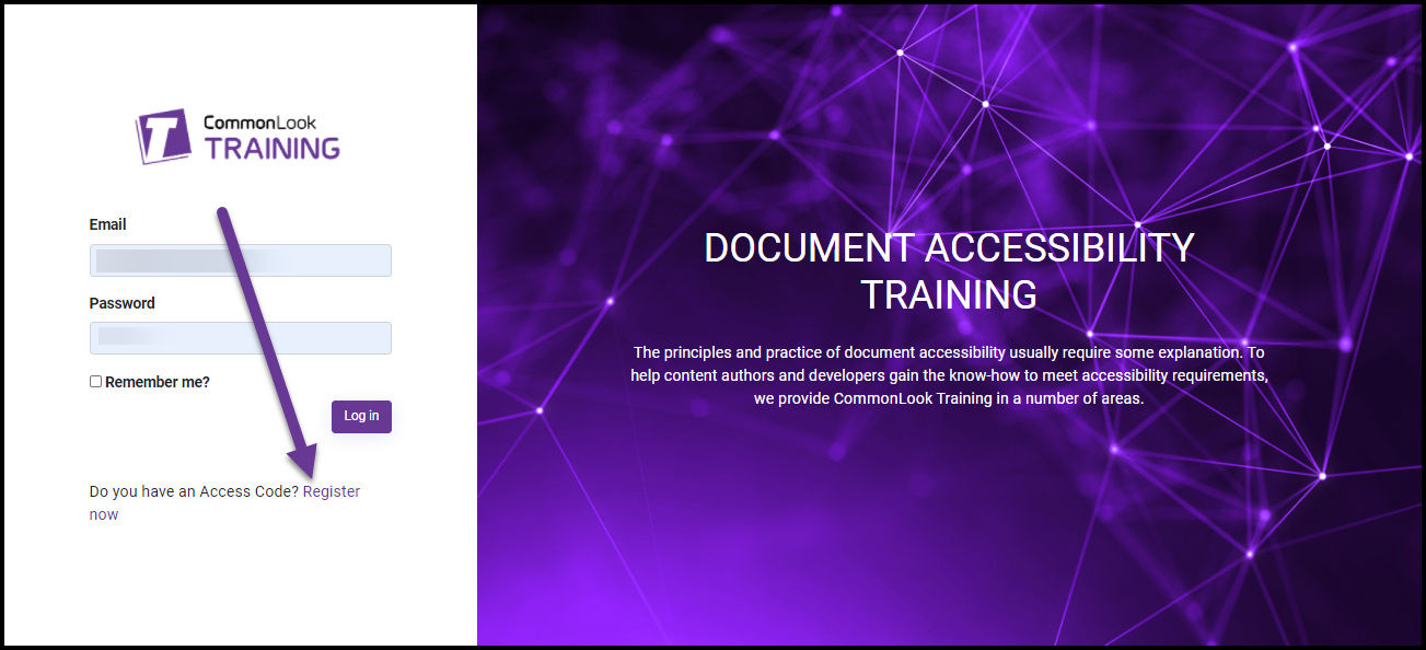 The CommonLook Training Portal webpage with the "Register Now" link highlighted. 