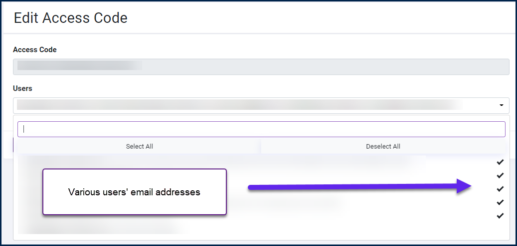 Screenshot of the Edit Access Code screen, showing the checkmarks next to users' email addresses.  (The email addresses have been blurred.)