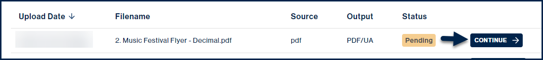 In the Transcriptions menu, a document is listed as "Pending" in its Status and there's a "Continue" button to resume working on that file. 