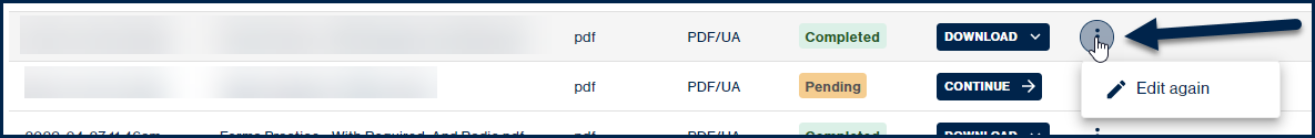 Screenshot highlighting the "hamburger menu" next to the "Download" button for a file, on the Transcriptions screen. 
