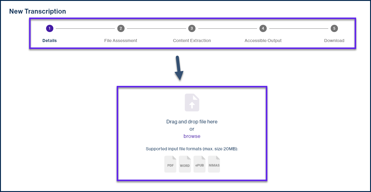 The "New Transcription" screen.  The steps in the overall process are highlighted, at the top, and the area to upload your file is highlighted below the steps. There is also a button to be able to browse for a file to remediate.